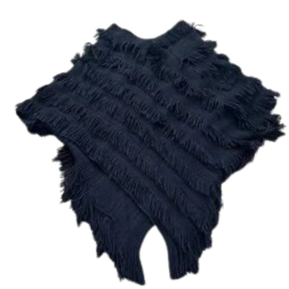 Elan Women’s Navy Blue Fringe Poncho Shawl - One Size